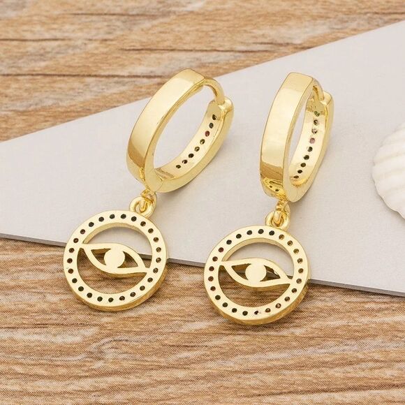 New Gold Evil Eye Hoop Dangle Earrings With Accent Stones, 18K gold plated - Picture 4 of 6